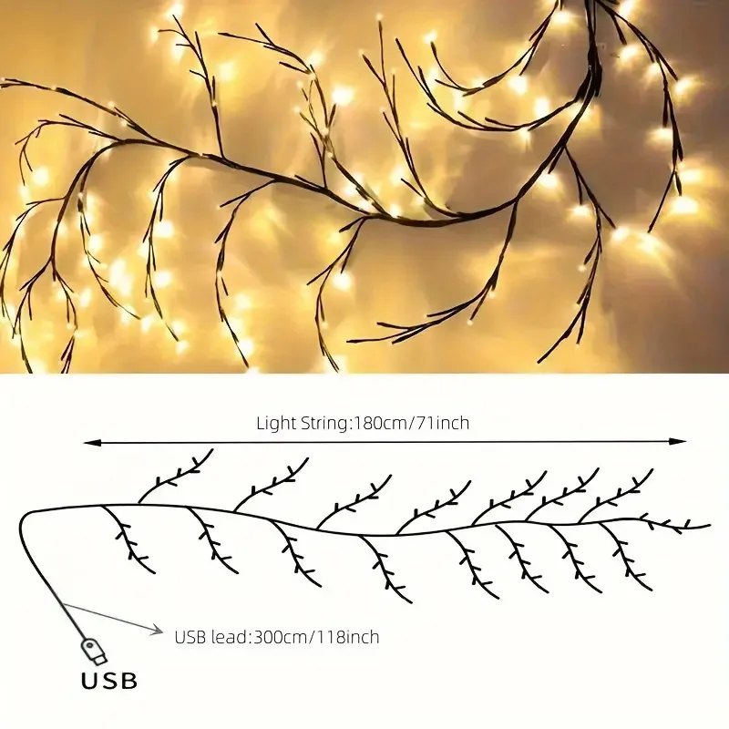 Luzes Willow Vine para decoração de quarto, luzes mágicas flexíveis com USB, 96 LED, luzes cintilantes dos ramos de árvores, 180cm, 78,5 pol, 1PC
