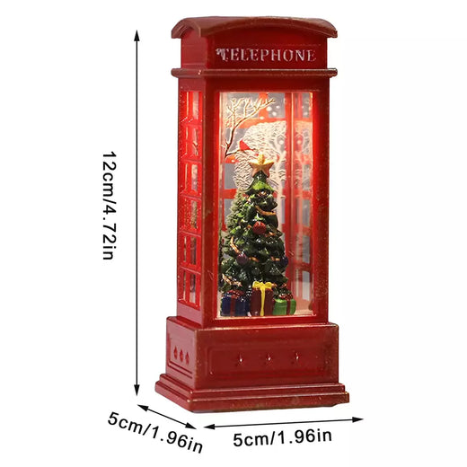 Vintage vermelho luminoso telefone cabine lanterna, árvore de Natal, boneco de neve, Papai Noel estatueta, telefone cabine decoração