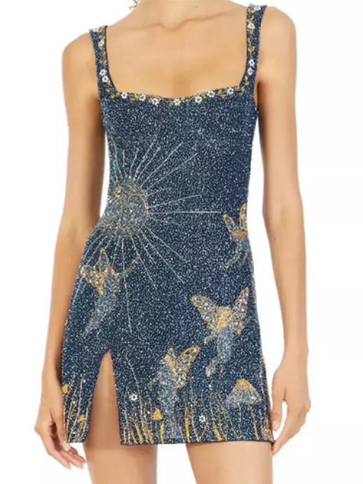 Mini vestido de cinta de espaguete feminino, vestido sexy sem costas, vestidos de fenda apertada sem mangas, senhoras banquete clubwear, estampa moda