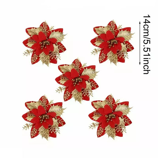 Flores artificiais de glitter para árvore de natal, ornamentos pendurados, flor falsa, lar, Natal, ano novo, presente, 2022, 2024