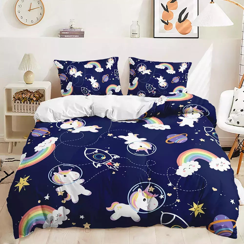 Conjunto de cama de unicórnio arco-íris, king size, queen, unicórnios arco-íris, conjunto de capa de edredom com fronha, roupa de cama de poliéster para crianças e meninas