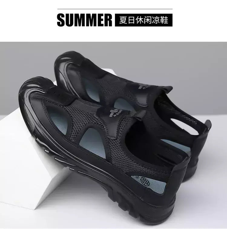 Sandálias de malha respirável para homens, sandálias de praia antiderrapantes, sapatos ocos ao ar livre, calçados flats, verão, novo