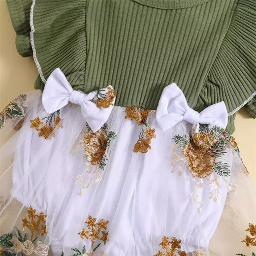 Vestido Romper das meninas do bebê recém-nascido, roupa do bebê, bordado da flor, costela da malha, babados macacões, roupas, roupa do verão