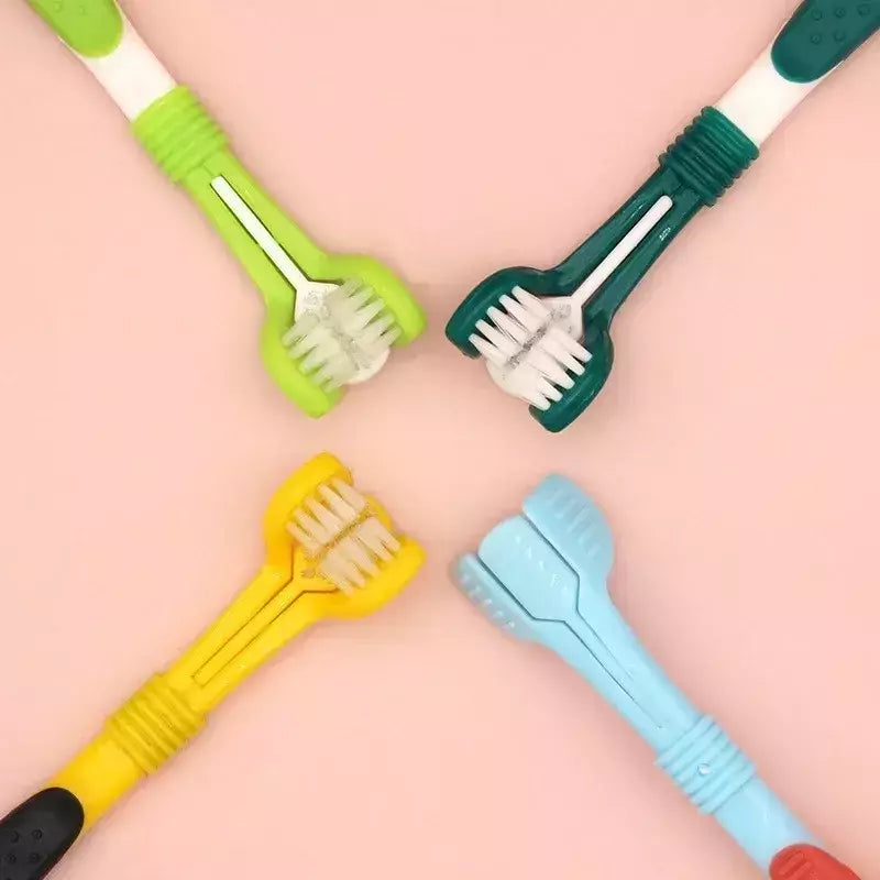 Escova de dentes de plástico para animais de estimação, 3 lados, remoção de tártaro, mau hálito, limpeza de boca, cuidados dentários para animais de estimação, boca de limpeza de gato