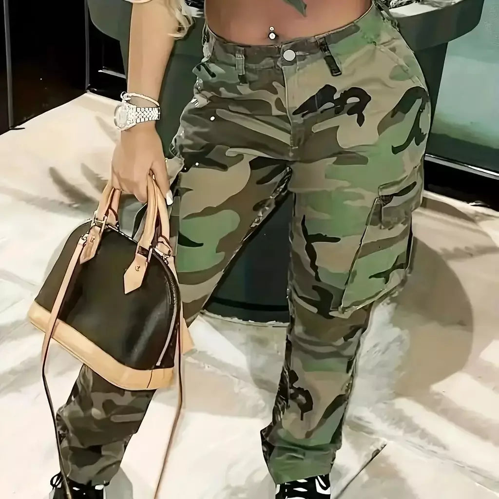 Camo Print Side Flap Pocket Calça Jeans de carga feminina, ajuste solto, elástico, Kpop Denim Pants, Y2K Roupas