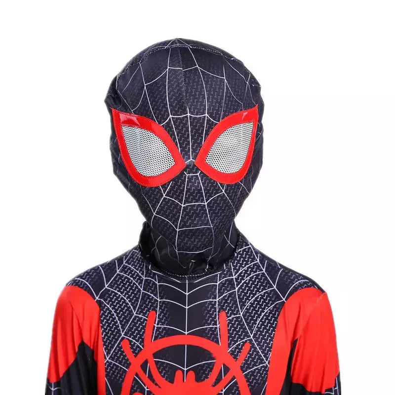 Crianças super-herói bodysuit milhas cosplay peter parker traje dos desenhos animados halloween conjunto com capuz traje de férias macacão com capuz separado