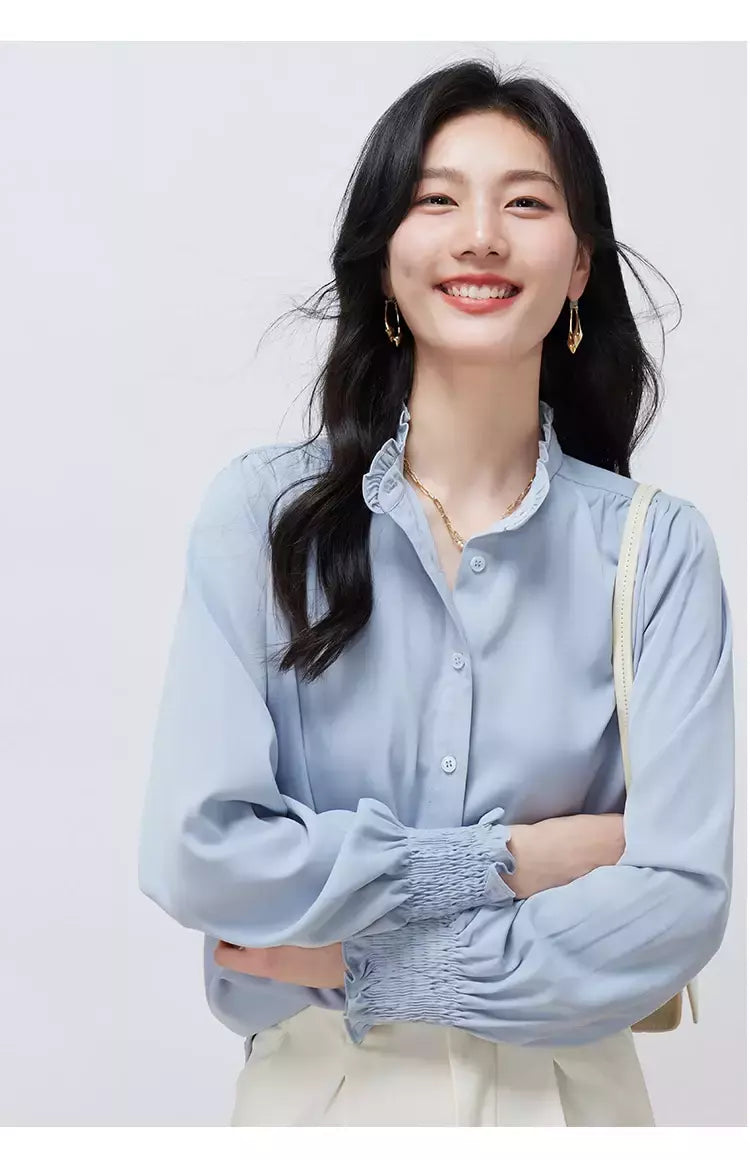 LILYMOON-Camisa de manga comprida feminina, colarinho francês, orelha de madeira, camisa casual coreana, Tops Y2K, pulôver elegante solto, batida na rua