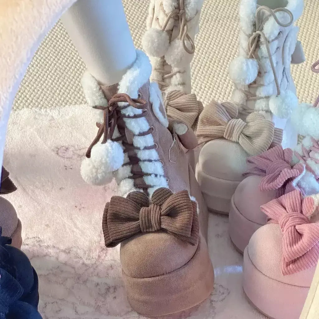 Doce inverno meninas lolita meados de bezerro botas de neve, bonito estudantes do sexo feminino pelúcia quente bowknots rendas até sapatos de salto cunha aumentando
