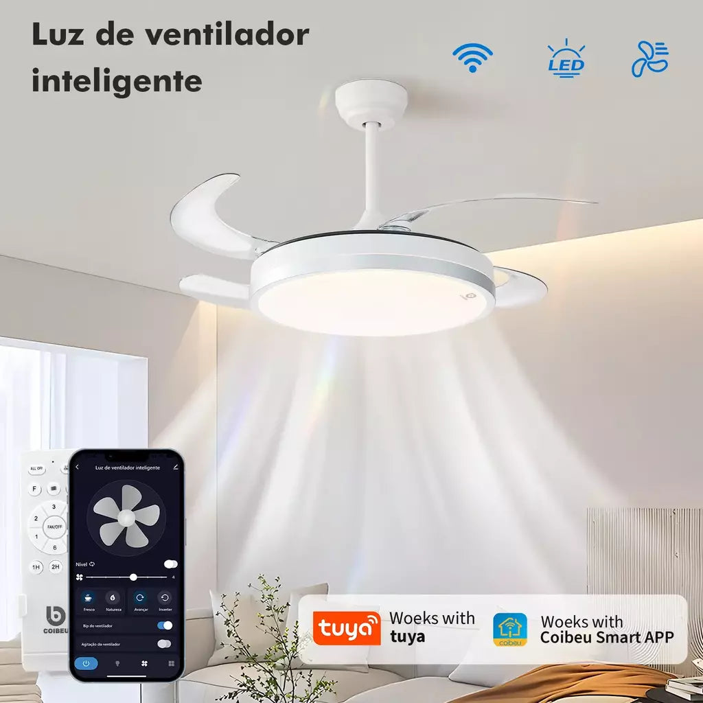 Ventilador de Teto Inteligente com Luz Invisível 3CCT e Controle Remoto - Design Dobrável, 3 Velocidades, Timer e App Tuya