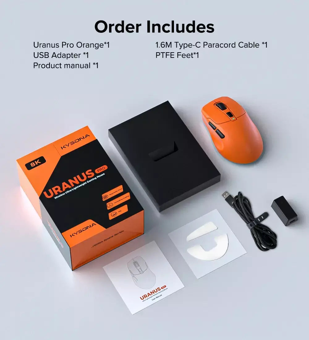 Kysona uranus pro mouse para jogos sem fio mouse ergonômico paw3395 54g 8khz taxa de pesquisa 26000dpi para mão direita grande pc gamer