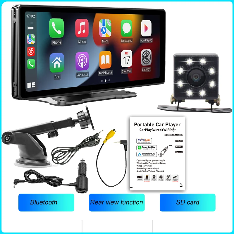 Bqcc 10.26 Polegada portátil sem fio carplay tela hd câmera de ré traseira rádio do carro dvr mp5 multimídia player vídeo android auto