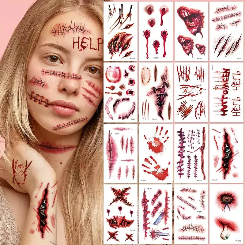 32 peças tatuagens temporárias de cicatriz falsa 3D de Halloween - designs de feridas sangrenas e zumbi para rosto/corpo, festa de fantasia, brincadeira e cosplay ?