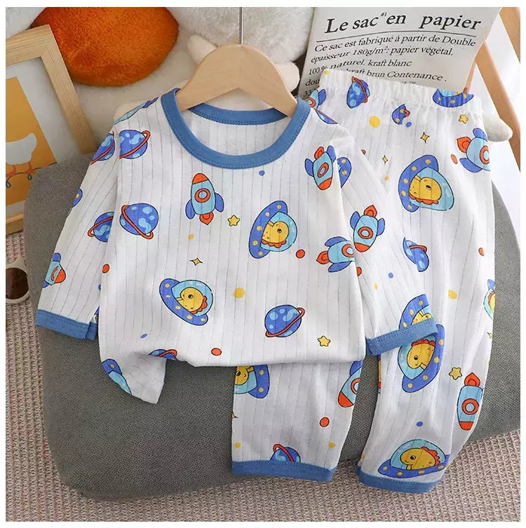 Pijama de algodão puro para meninos e meninas, camiseta fina de manga comprida, tops e calças lindos desenhos animados, conjuntos de roupas infantis, verão, novo, 2022