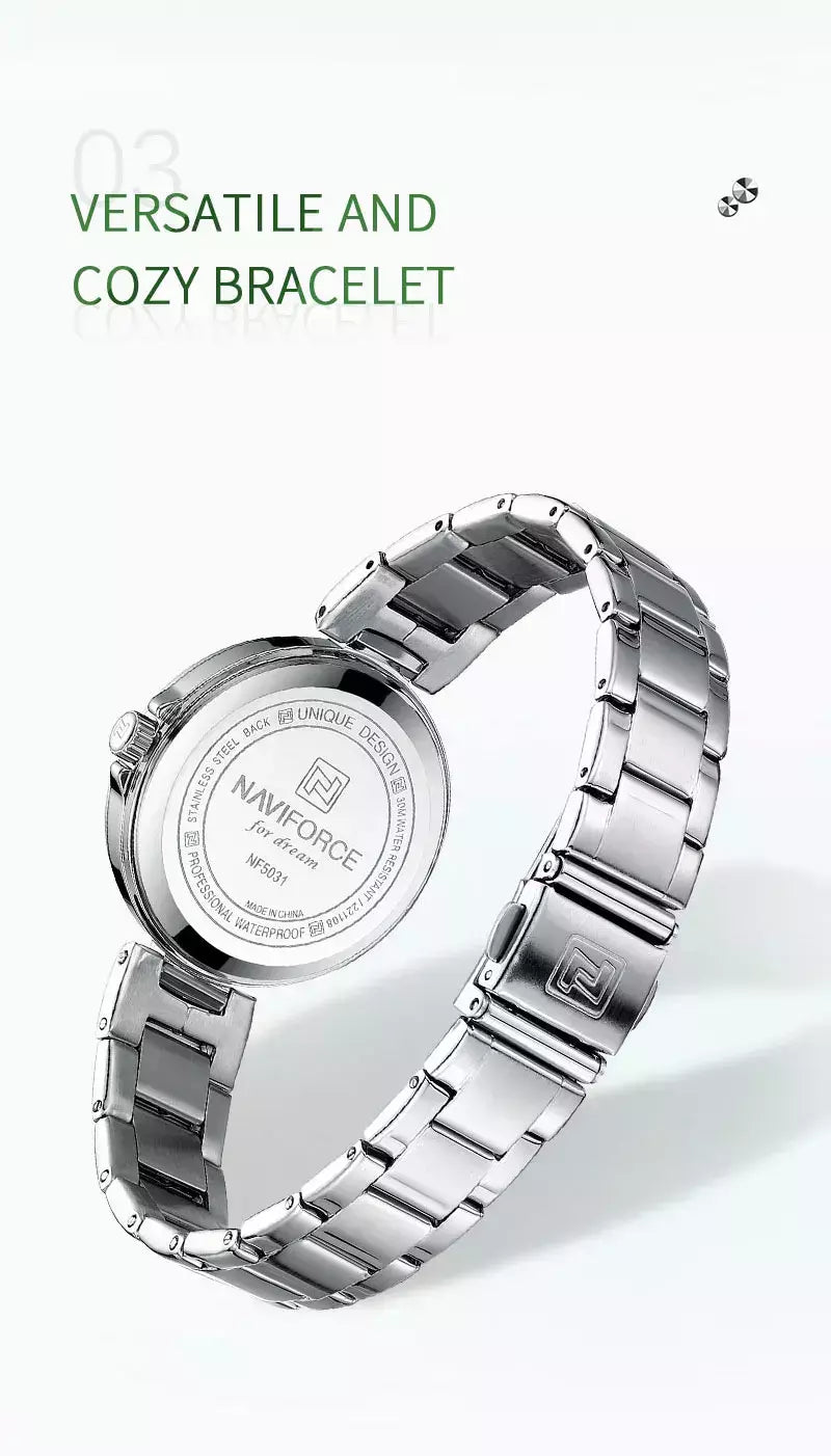 Naviforce relógio de pulso feminino, pulseira de aço inoxidável, impermeável, quartzo, romântico, marca superior, 2023