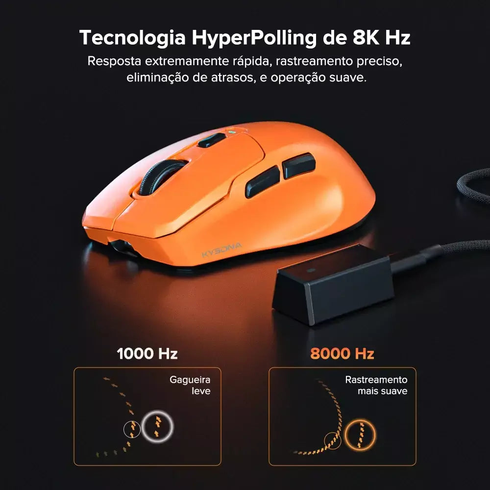 Kysona uranus pro mouse para jogos sem fio mouse ergonômico paw3395 54g 8khz taxa de pesquisa 26000dpi para mão direita grande pc gamer