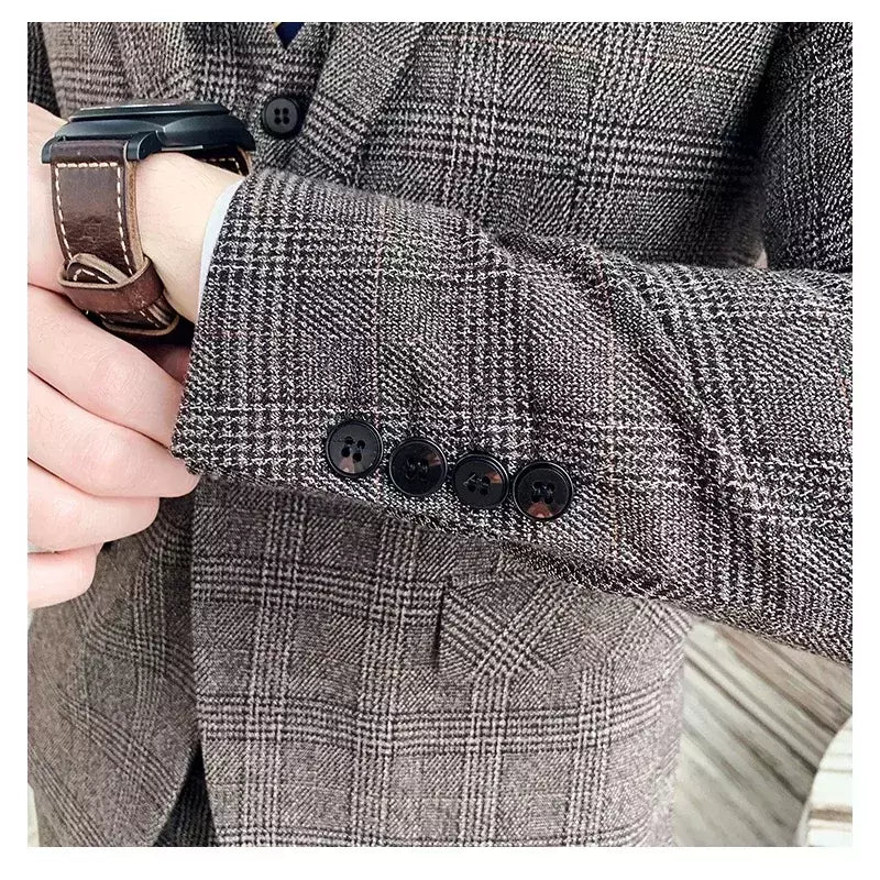 (Blazer + calças) high-end marca formal negócios xadrez terno dos homens noivo vestido de casamento cor sólida palco desempenho smoking S-7XL