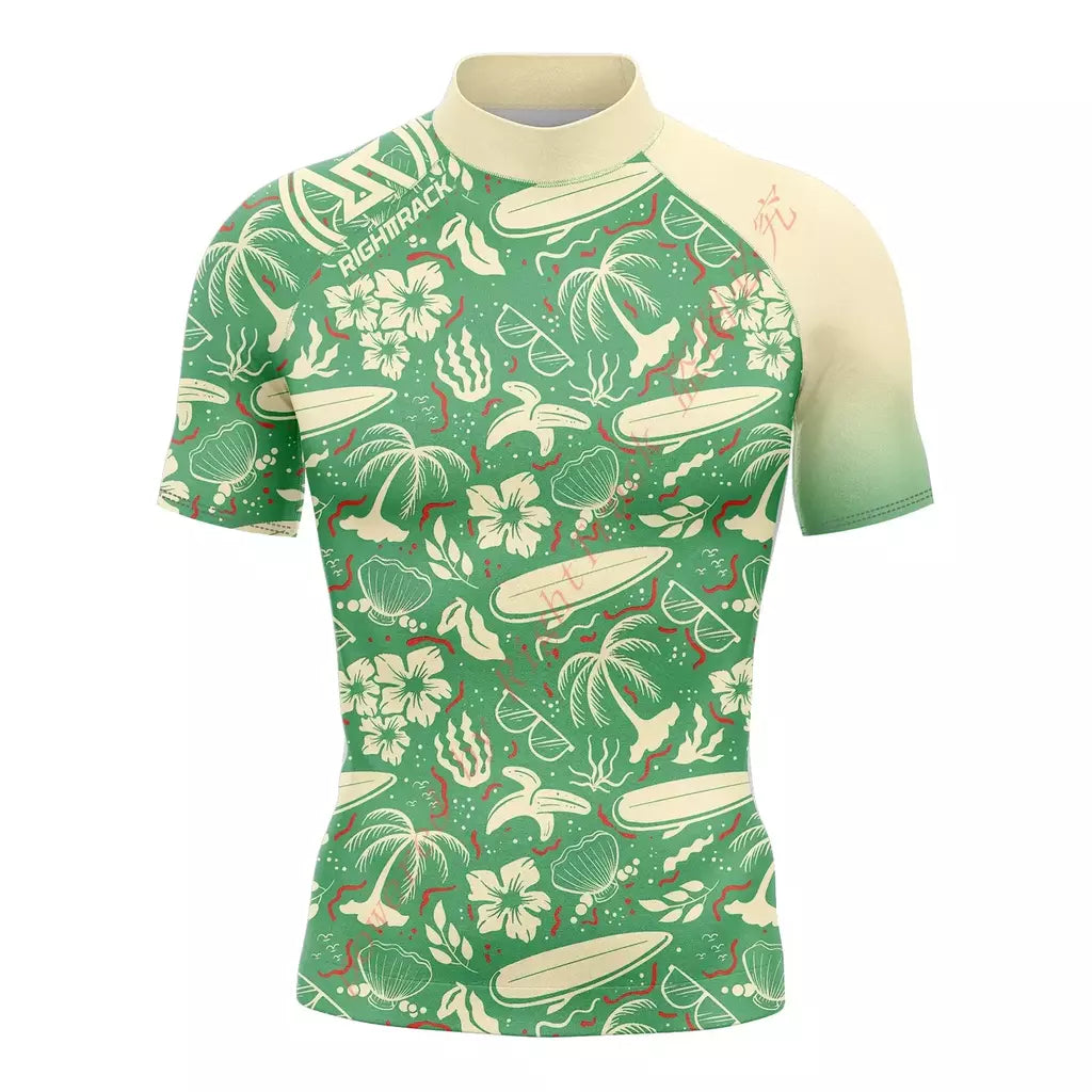 Rashguard dos homens novos Manga Curta Surf Camisas Protetor Solar Lycra Tecido Surf Camisola Proteção UV RightTrack Swimwear