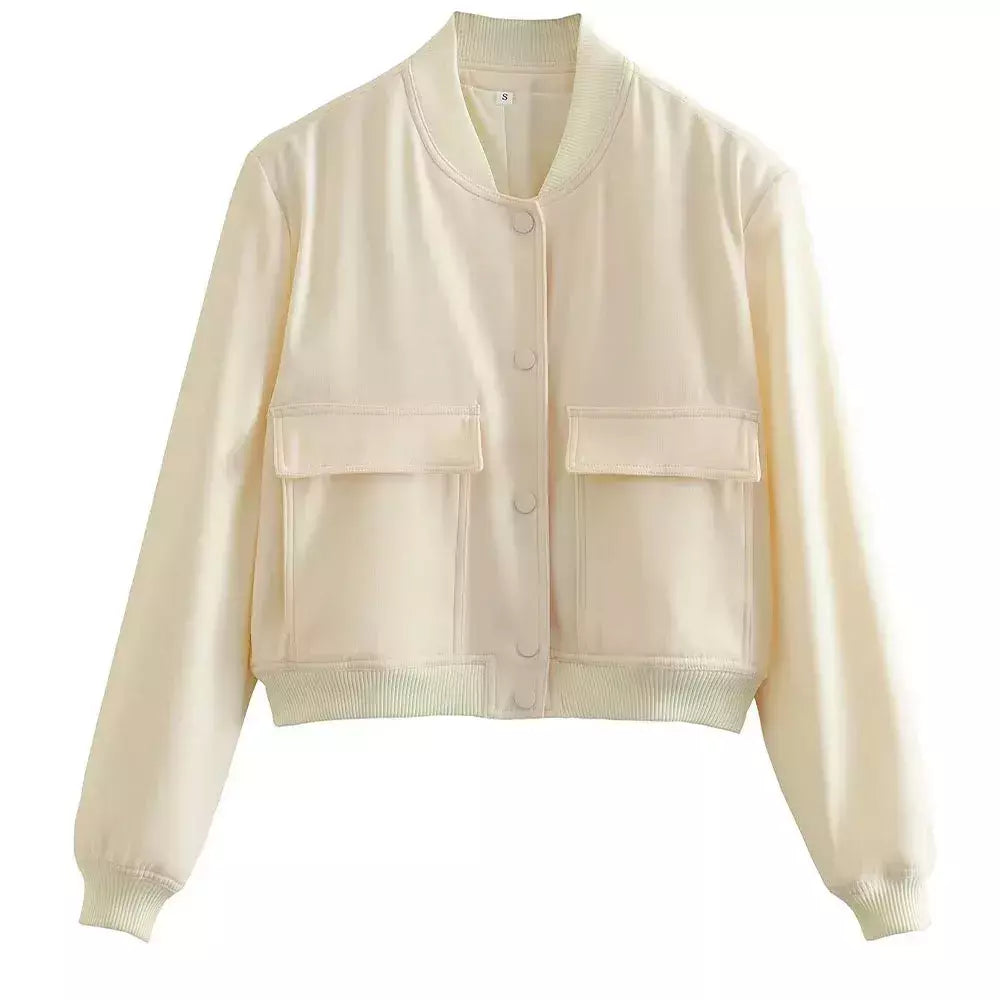 Jaqueta Bomber Cropped feminina, Casaco de manga comprida, Beisebol de botões, Casaco Aviador, Preto, Branco, Outono, Inverno