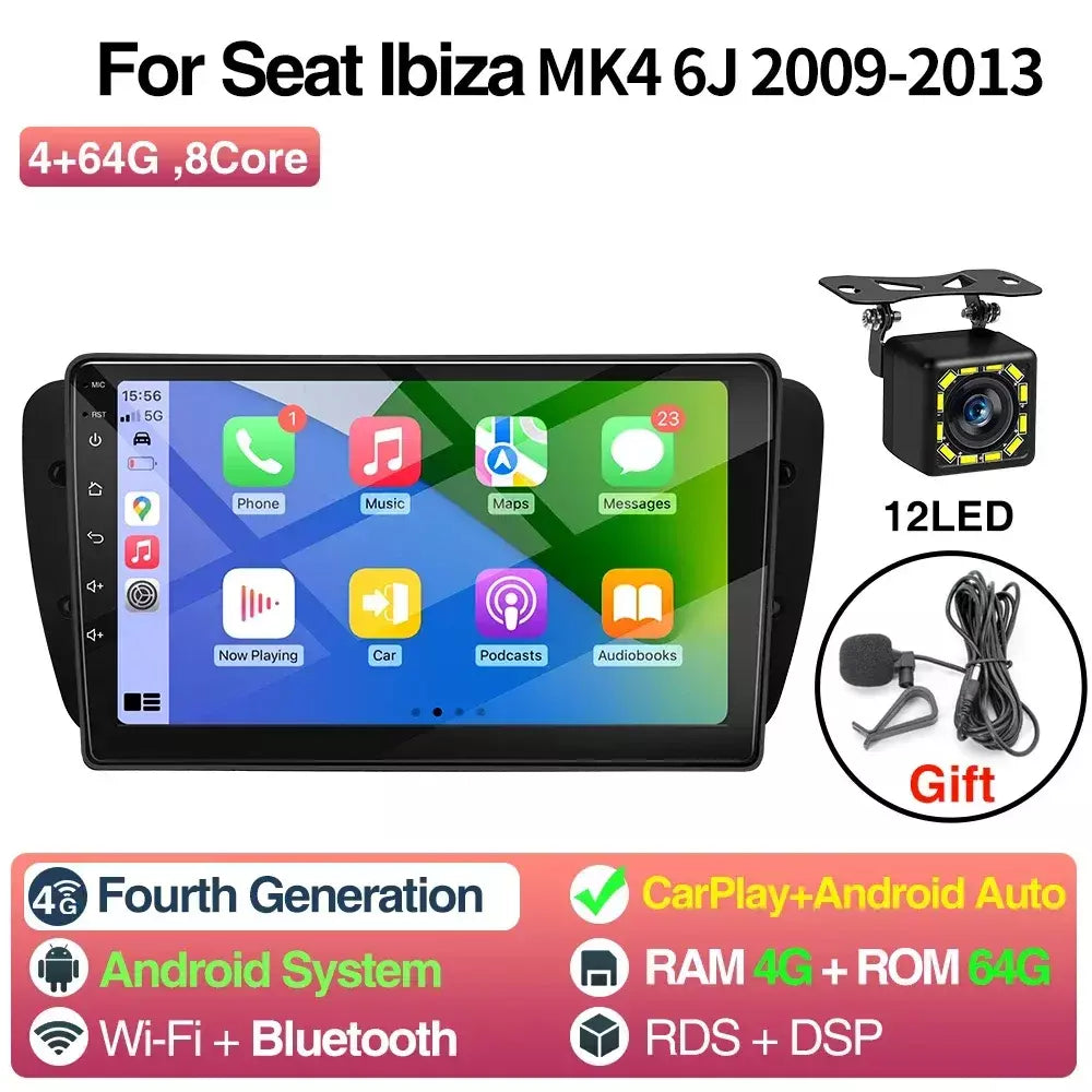 Rádio do carro de android para seat ibiza mk4 6j 2008-2015 reprodutor multimídia carplay android auto gps bluetooth wifi unidade principal do carro 9 polegadas