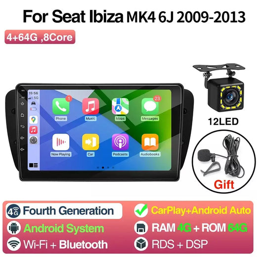 Rádio do carro de android para seat ibiza mk4 6j 2008-2015 reprodutor multimídia carplay android auto gps bluetooth wifi unidade principal do carro 9 polegadas
