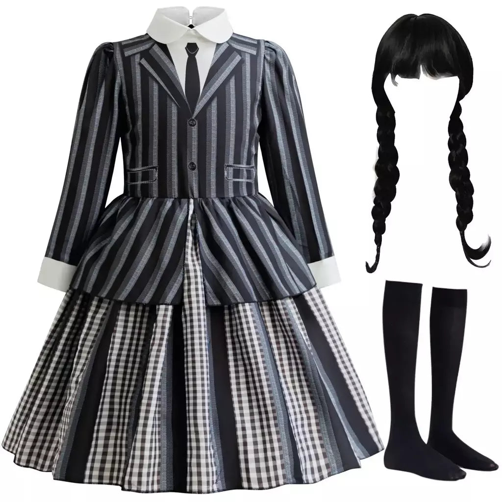 2025 novo quarta-feira addams vestido listrado preto crianças quarta-feira inspirado halloween cosplay traje para meninas trajes de festival