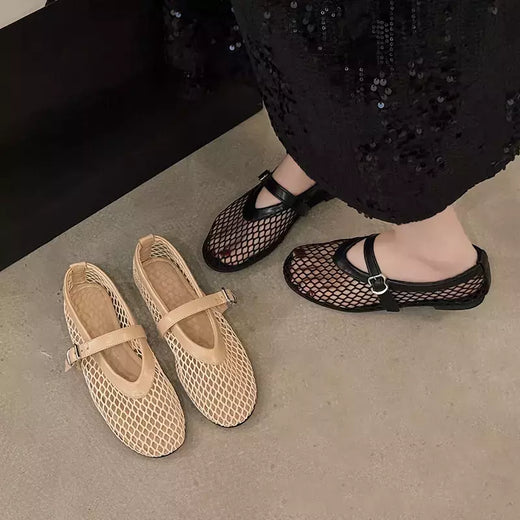 Sapatos de rede de dedo do pé redondo para mulheres, sapatilhas casuais e confortáveis, sapatos Mary Jane recortados, fivelas retas, verão