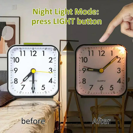 Despertadores luminosos silenciosos de mesa pequena com luz snooze não-ticking relógio de quartzo analógico para travessas pesadas quarto de escritório