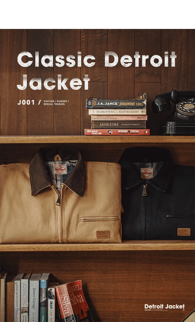 Maden J001 - Casaco de Caça Régua Detroit para Homem de Outono, Tecido de Lã Retro, Bolsos de Algodão Resistente, Design de Colarinho Lapel e Fechadura Ziper