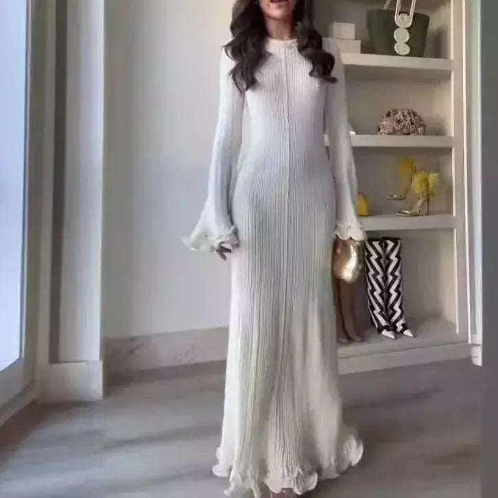 Elegante vestido de malha de manga comprida feminino, gola redonda, vestes finas brancas, vestidos de festa femininos, moda feminina, verão, outono, novo, 2022