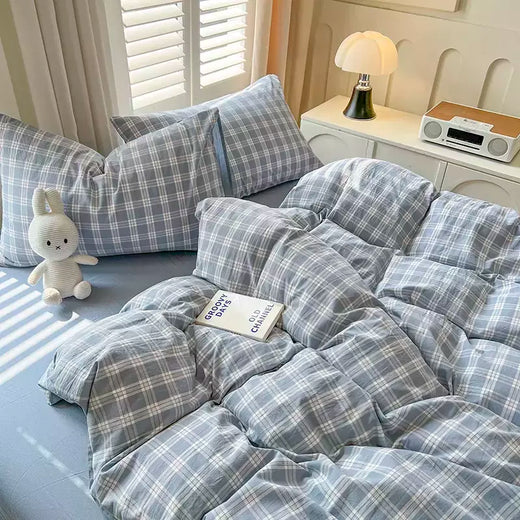 Conjunto de edredão reticulado com lençol e fronhas, roupa de cama quente, grade, completa, queen size, sem enchimento, novo, 2022, duplo