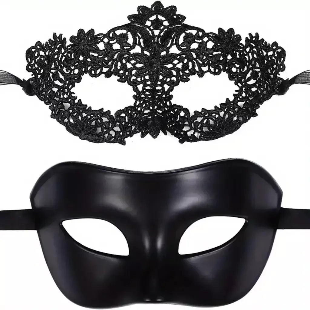 Conjunto de máscara de máscaras de renda preta elegante de 2 peças para casais – perfeito para festas venezianas, mardi gras e celebrações de Halloween