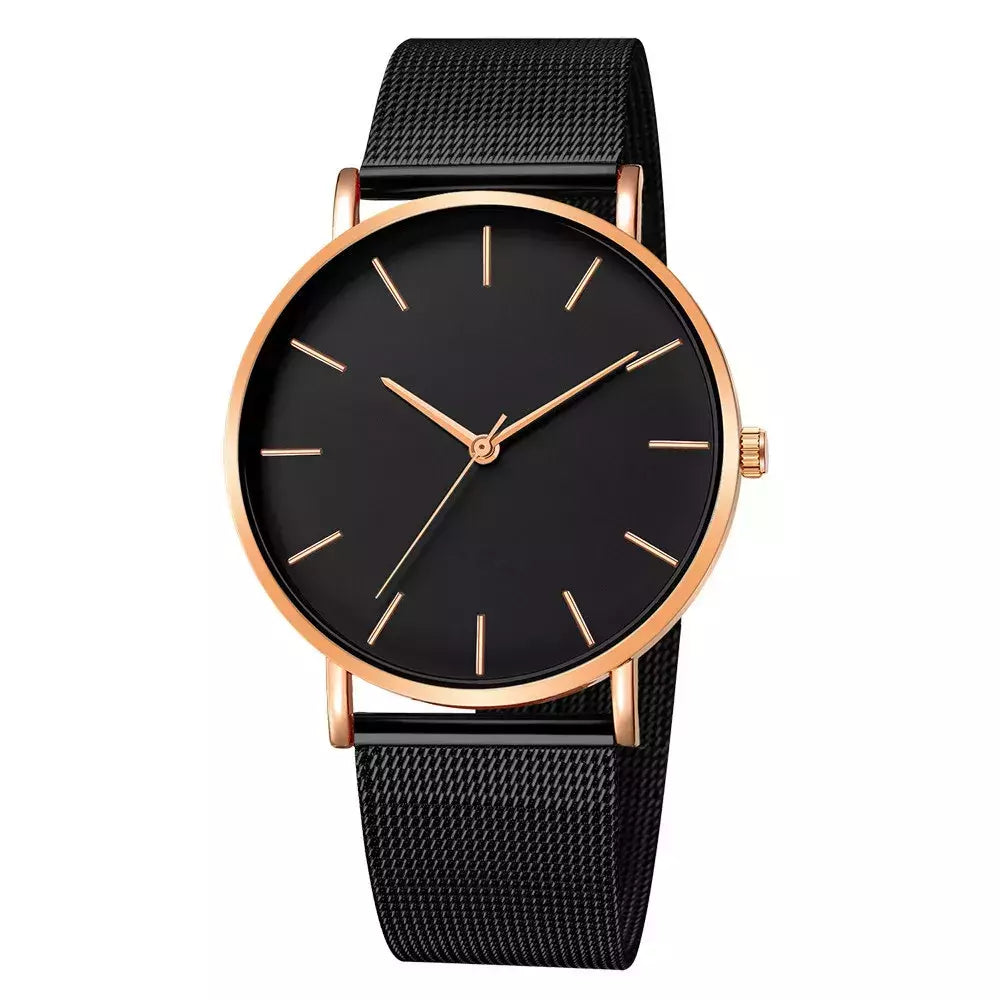 Relógio de pulso de malha de aço inoxidável feminino, feminino Fashion, Casual, Simples, Quartzo, Hora de Metal, Feminino, Preto
