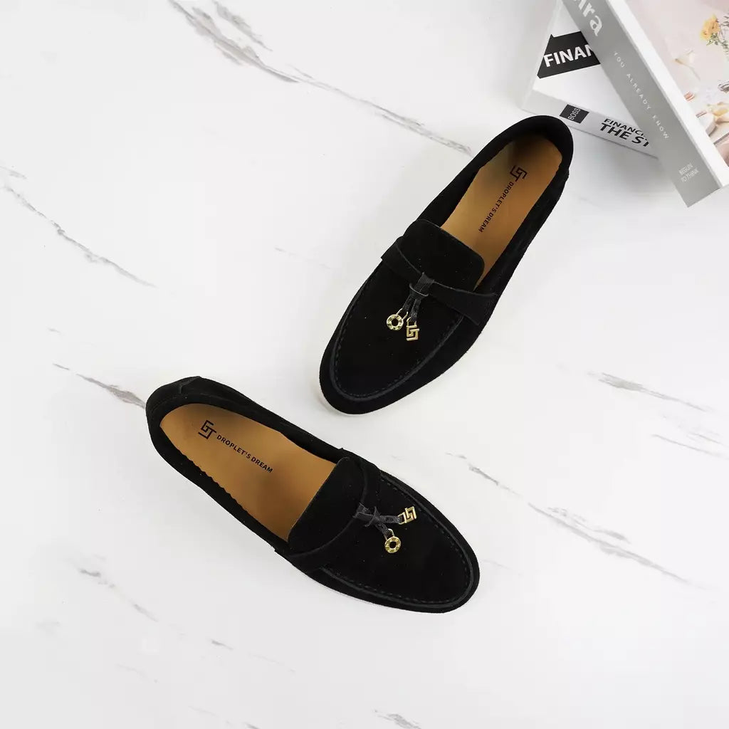Sapatos de mula de camurça antiderrapante para mulheres, sapatos para dirigir, pingente de metal, marca de luxo, moda casual confortável, Le Fu