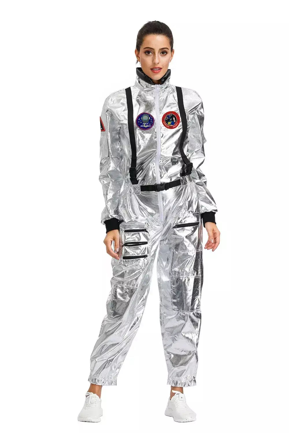 Adulto prata astronauta traje das mulheres dos homens spaceman terno espaço macacão halloween cosplay festa vestir-se