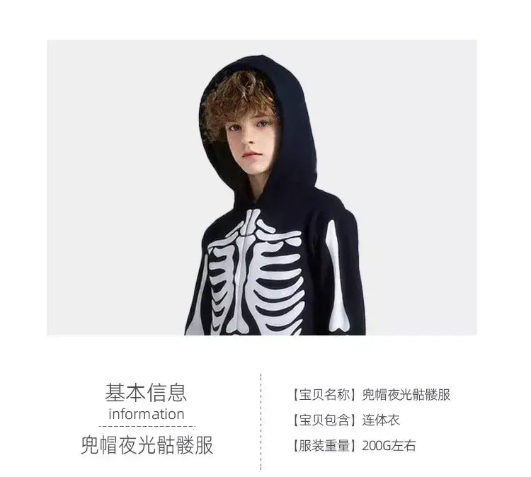 Halloween meninos trajes esqueleto horror preto luminoso fantasma apertado com capuz macacão palco papel traje desempenho terno