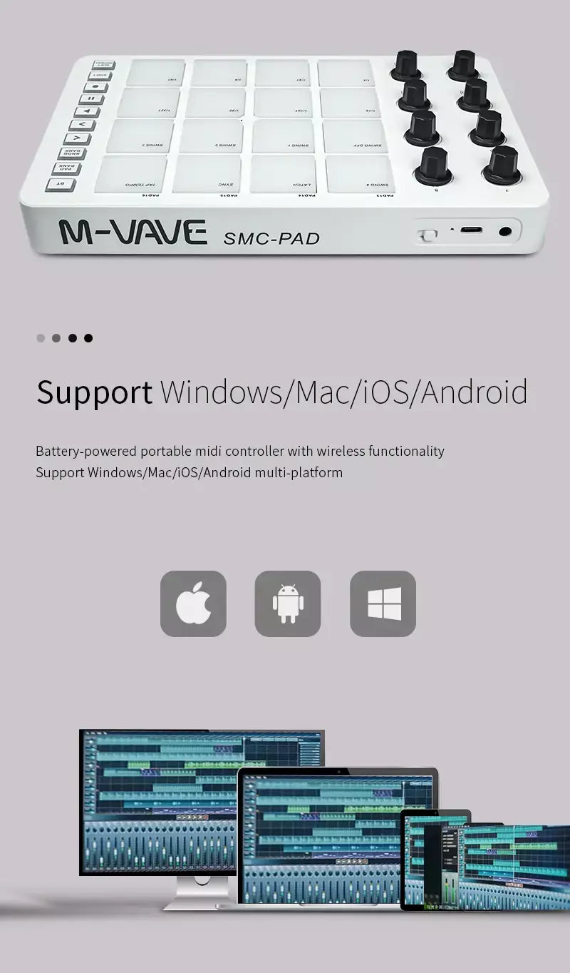 M-VAVE SMC-PAD controlador midi sem fio teclado de percussão adequado interface USB-C design portátil pequeno almofada midi