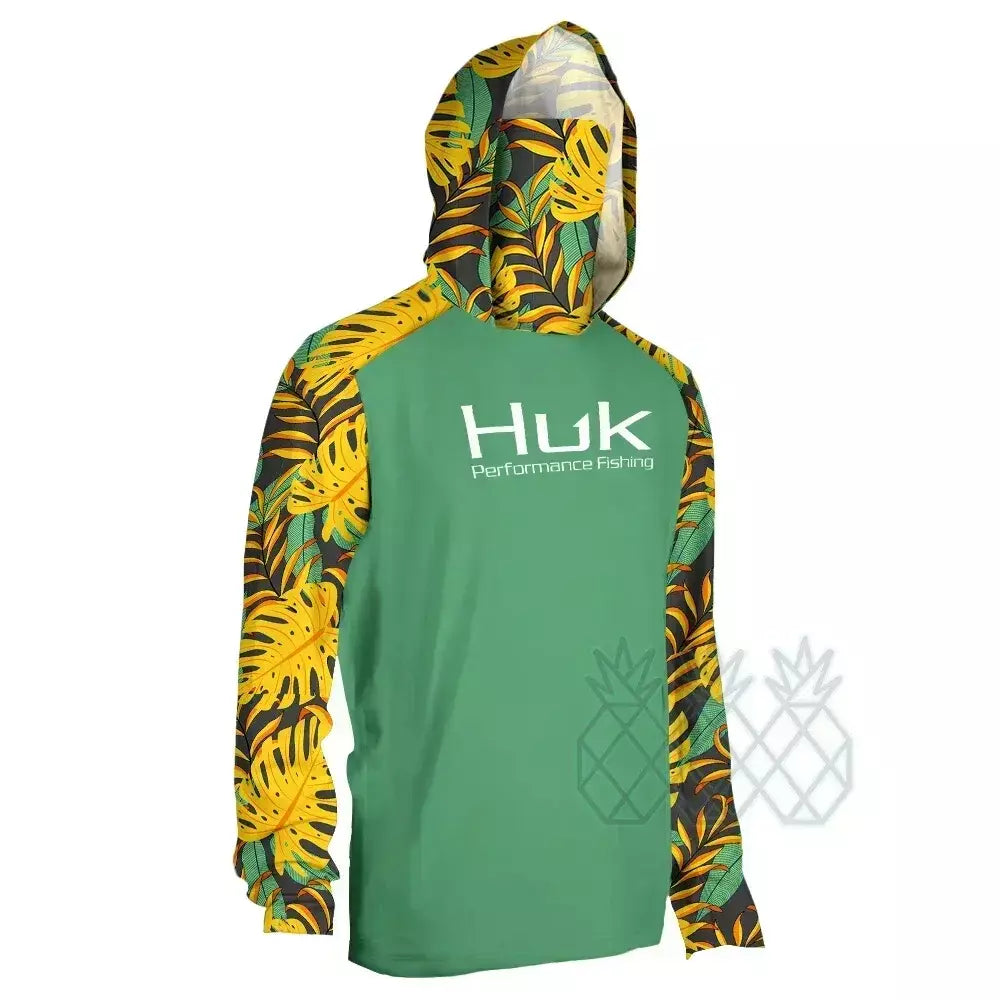 Huk camisas com capuz de pesca com polaina de pescoço manga longa masculina desempenho roupas de pesca proteção solar upf 50 + camisa de pesca