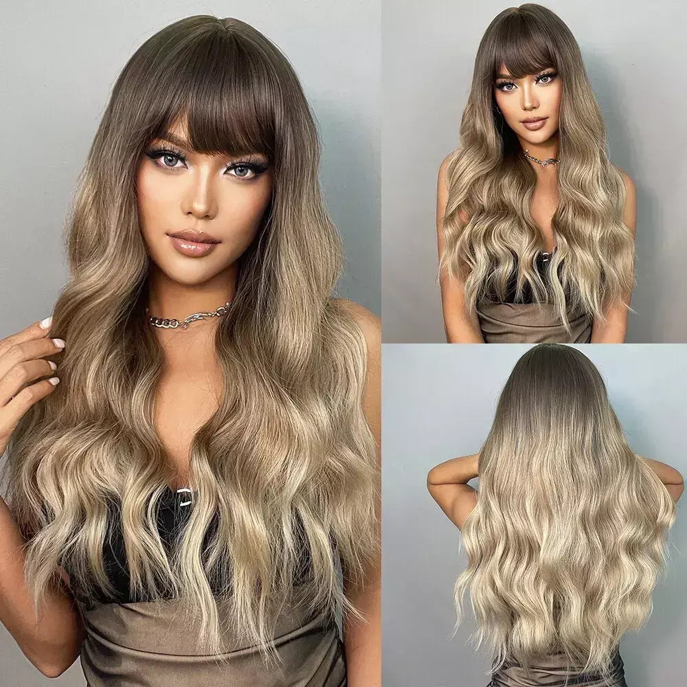 Marrom loira ombre perucas de cabelo natural para mulheres longo ondulado com raízes escuras peruca sintética para mulheres resistente ao calor perucas coaplay