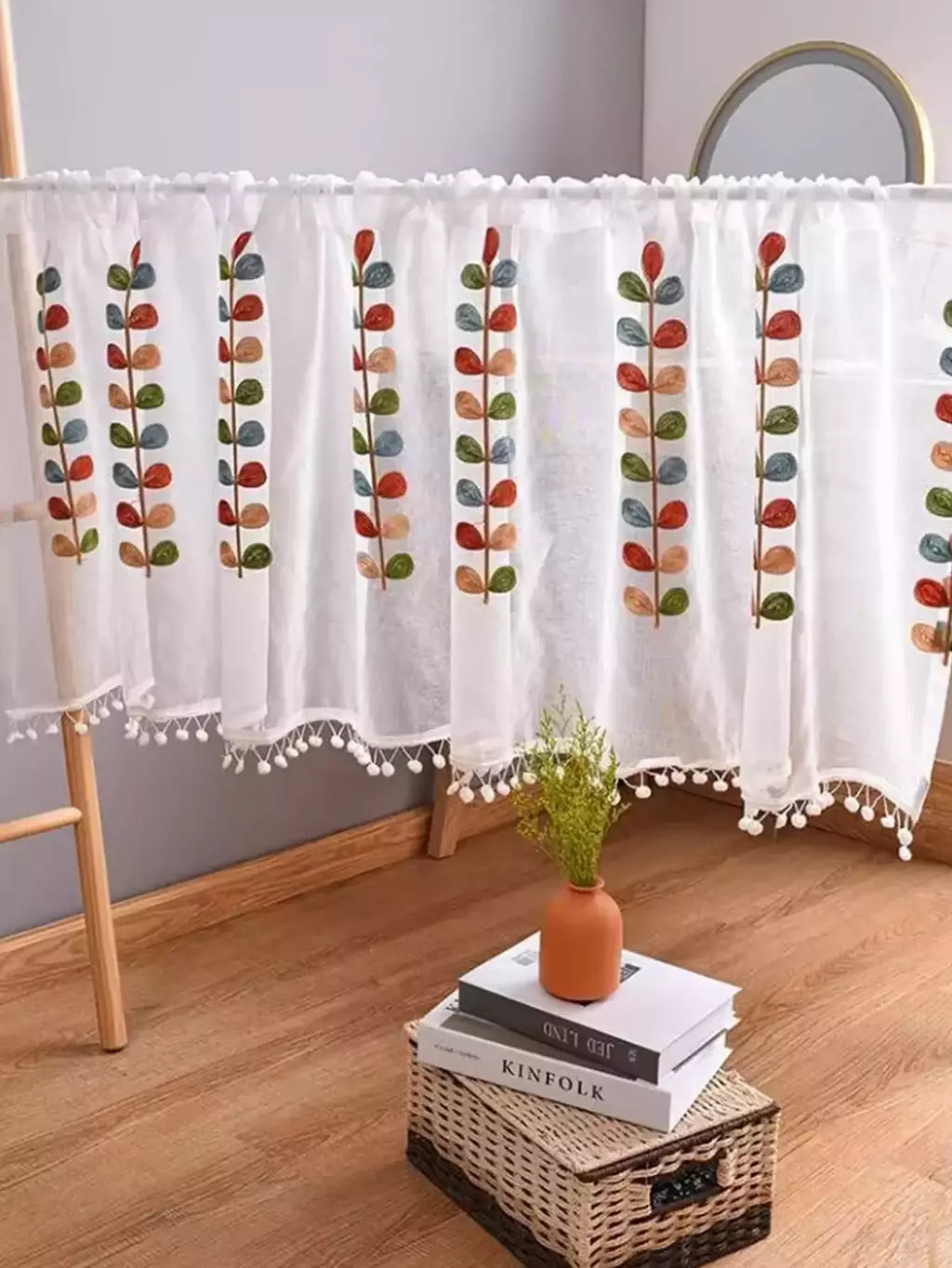 Cortina semi-pura bordada, Quatro cores Branch, Camadas de cozinha, Meia janela, Rod Pocket, Cortinas Voile para Cozinha