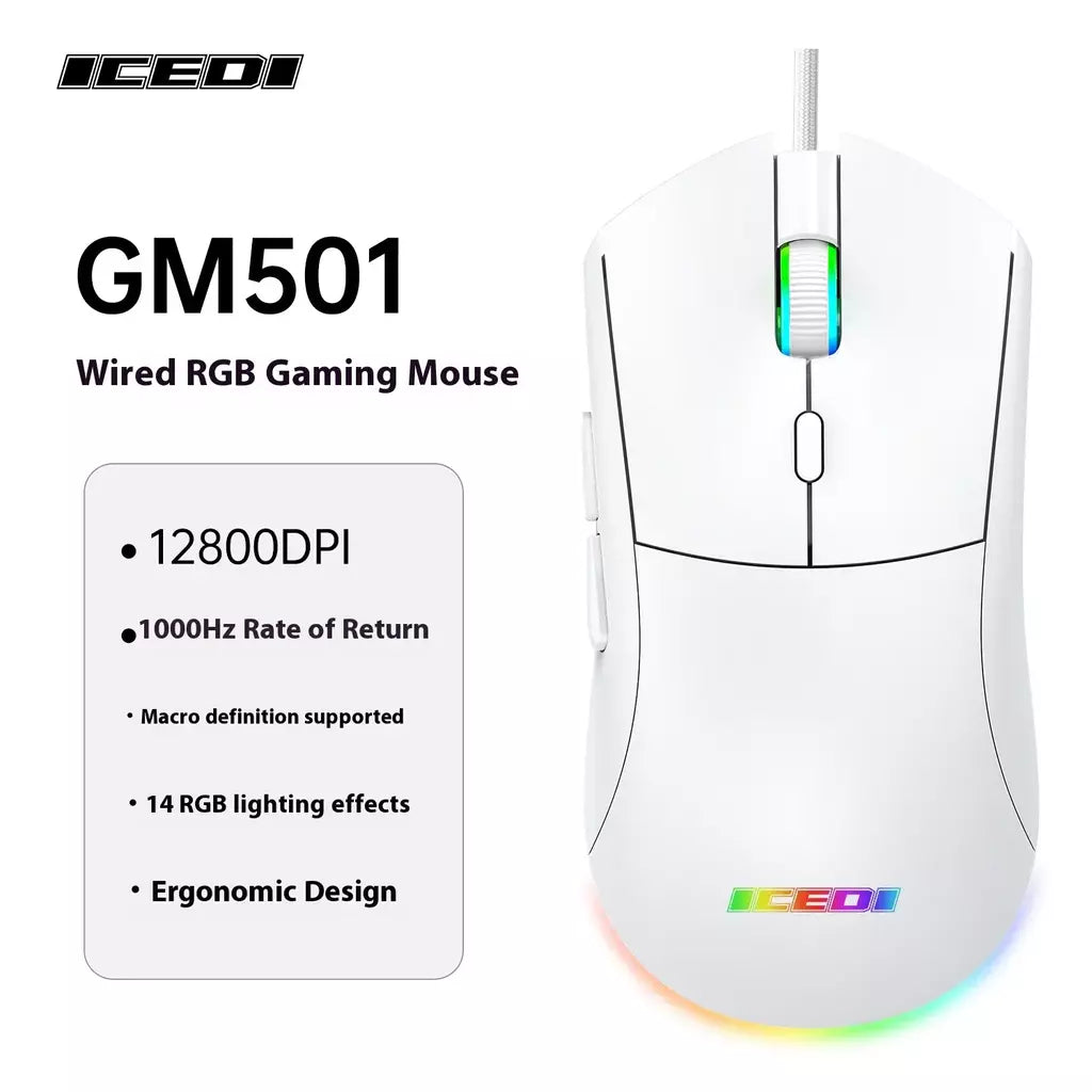 Mouse para jogos com fio ICEDI GM501, 12800 DPI, taxa de pesquisa de 1000 Hz, 6 efeitos RGB, design ergonômico para controle de precisão
