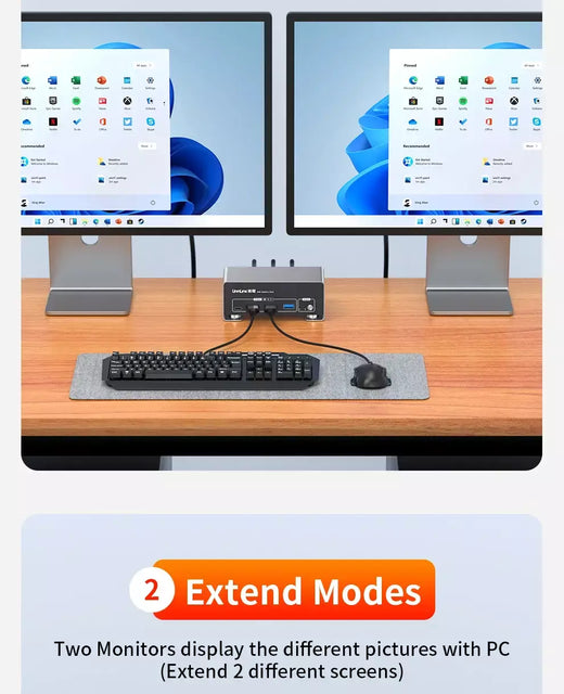 Unnlink 4K 240Hz HDMI + DP Dual Monitor KVM Switch 2 Monitor 2 Computador 8K 60Hz com USB 3.0 para Win/Mac PC Share Mouse Teclado