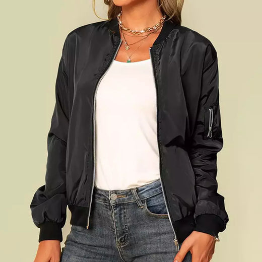 Jaqueta bomber fina feminina, manga comprida, casaco fino, corta-vento casual, gola alta, jaqueta com zíper, monocromática, moda outono