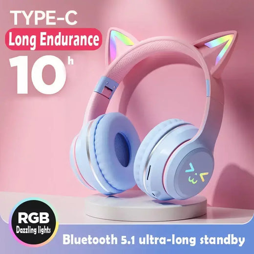 Orelhas de gato fone de ouvido rgb luz sorriso rosto tws fone de ouvido gradiente novo fone de ouvido rosa menina presente adequado para qualquer telefone