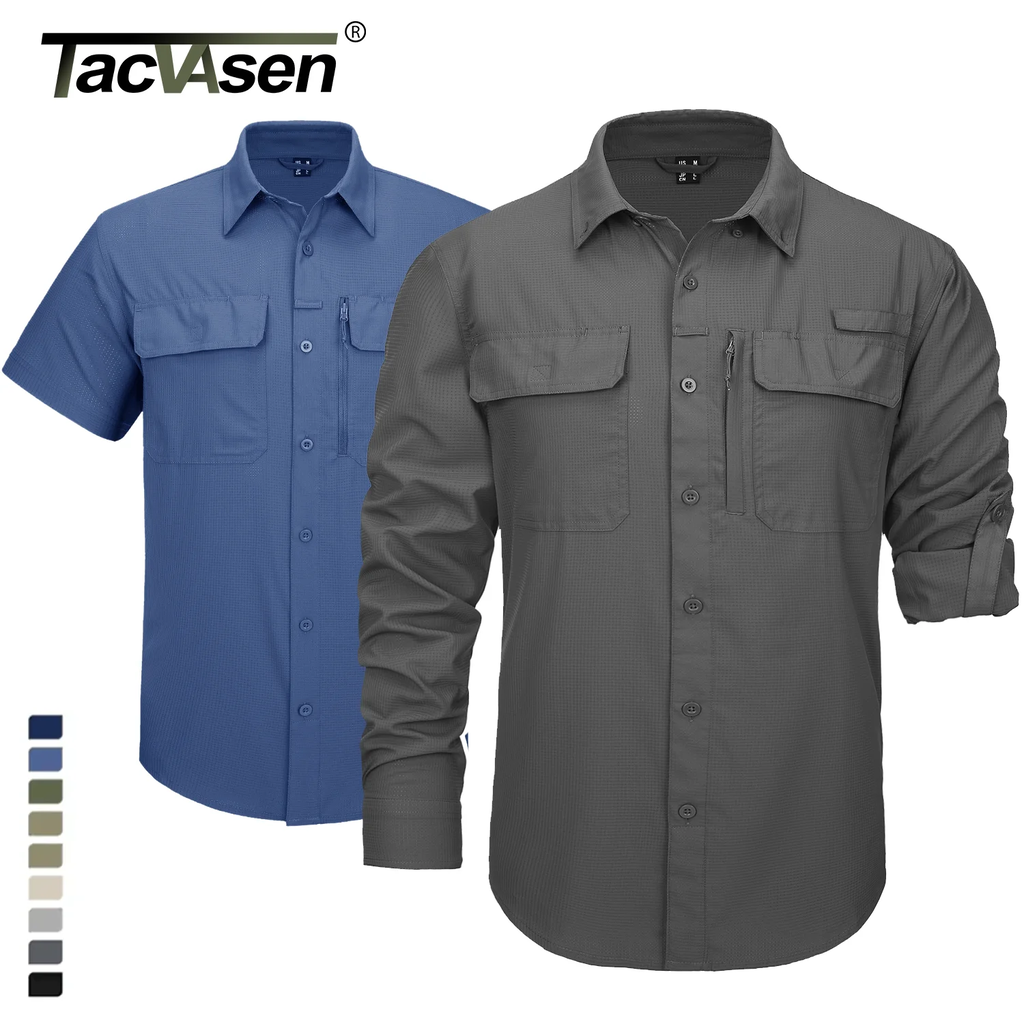 Tacvasen camisas de pesca de secagem rápida upf 50 + proteção solar masculina camisas de manga longa + curta malha respirável caminhadas trabalho camisas de carga