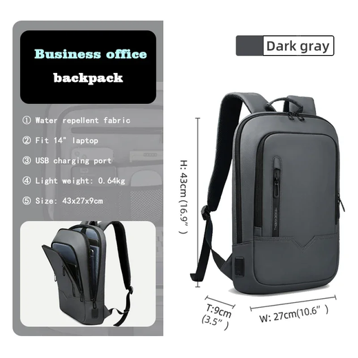 Mochila HK Slim para Homens, Sacos de Laptop, Impermeável, Minimalista, Negócios, Carregamento USB, Casual, Viagem, Trabalho, 15,6";;VERDADEIRO;;"8228-Black