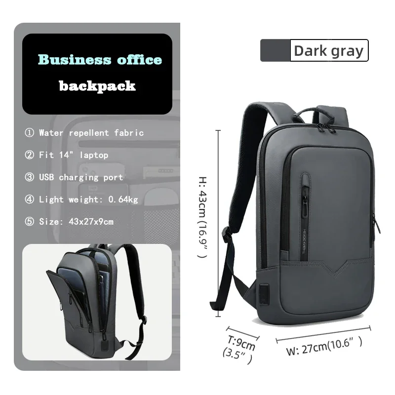 Mochila HK Slim para Homens, Sacos de Laptop, Impermeável, Minimalista, Negócios, Carregamento USB, Casual, Viagem, Trabalho, 15,6";;VERDADEIRO;;"8228-Black