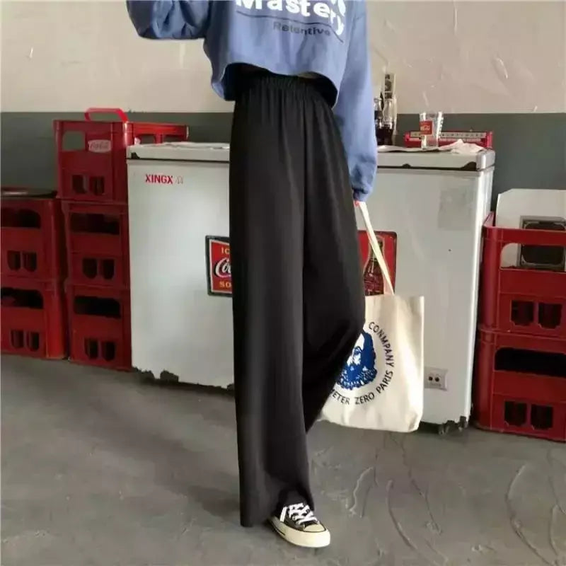 Elegante calça jeans de lã feminina, calça casual de cintura alta, perna reta, calça drapejada folgada, novo estilo, 2024