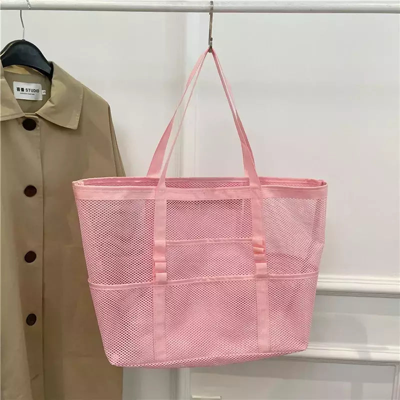 Bolsa de praia de malha portátil para mulheres, maquiagem, bolsa de lavagem, organizador de banho, Shopper Totes, verão
