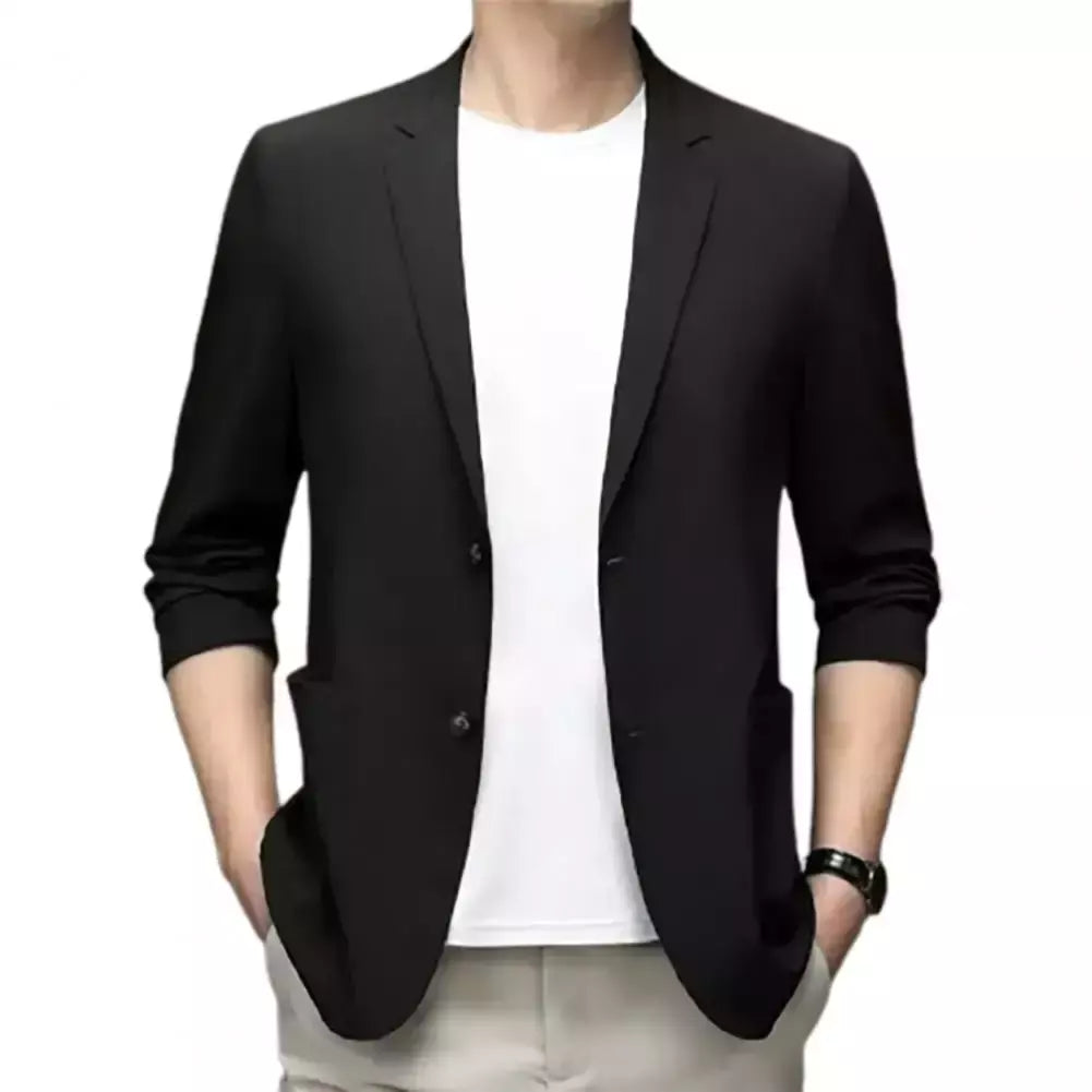 Blazers de negócios monocromáticos masculinos, blazers slim fit, botões duplos, lapela, mangas 3/4, terno de deslocamento, casaco do noivo