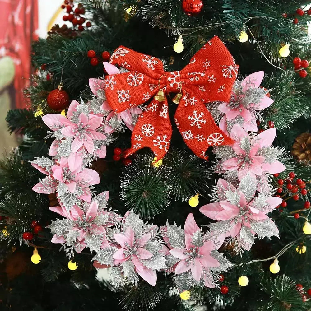Flores artificiais com glitter para árvore de Natal, enfeites de Natal, rosa, vermelho, dourado, decoração de Natal para casa, 14,5 cm